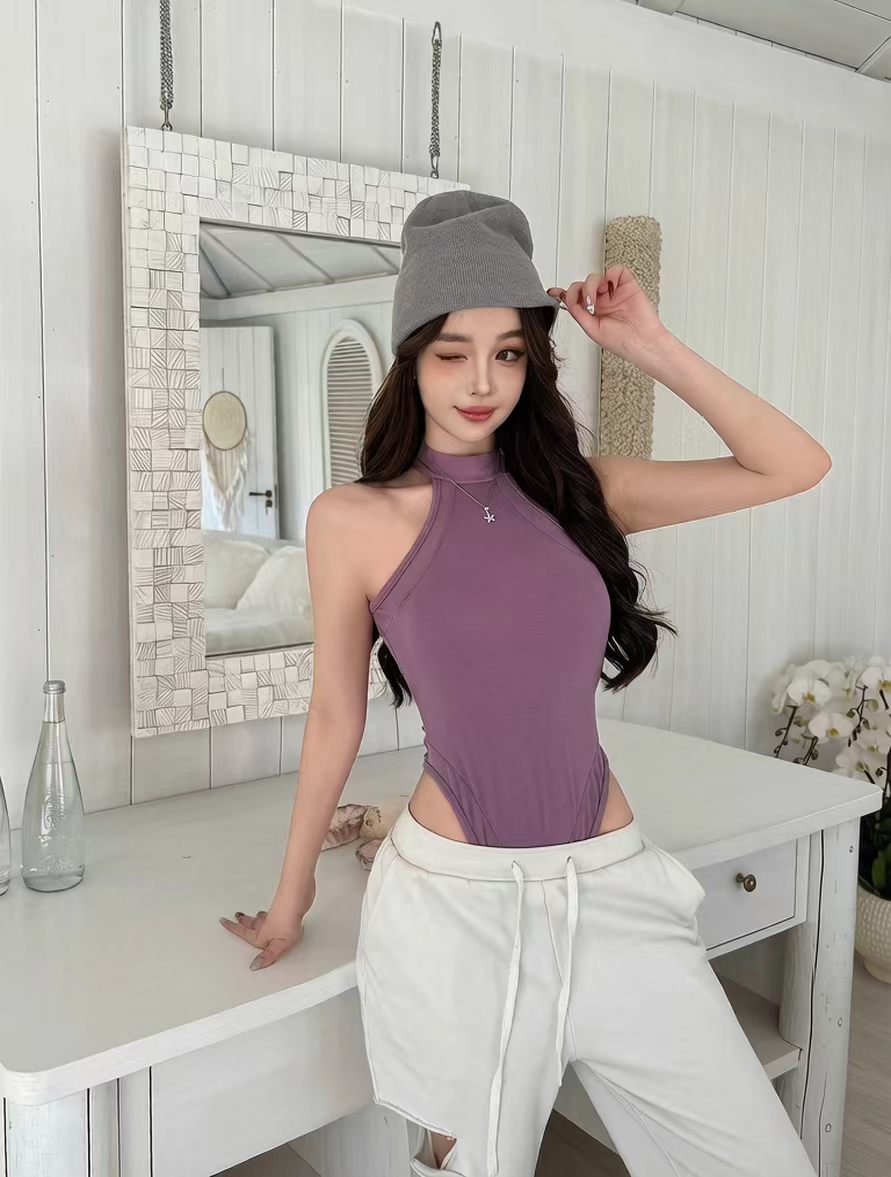 Halter Mesh Panel Bodysuit, High Neck Sleeveless Slim Fit Top