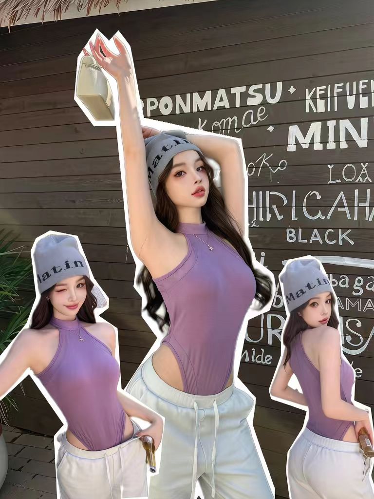 Halter Mesh Panel Bodysuit, High Neck Sleeveless Slim Fit Top