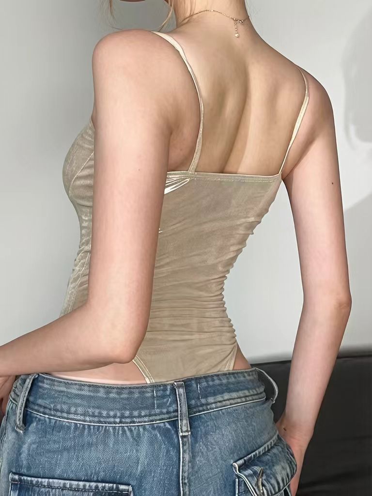 Shimmer Metallic Mesh Corset Bodysuit | Spaghetti Strap Figure