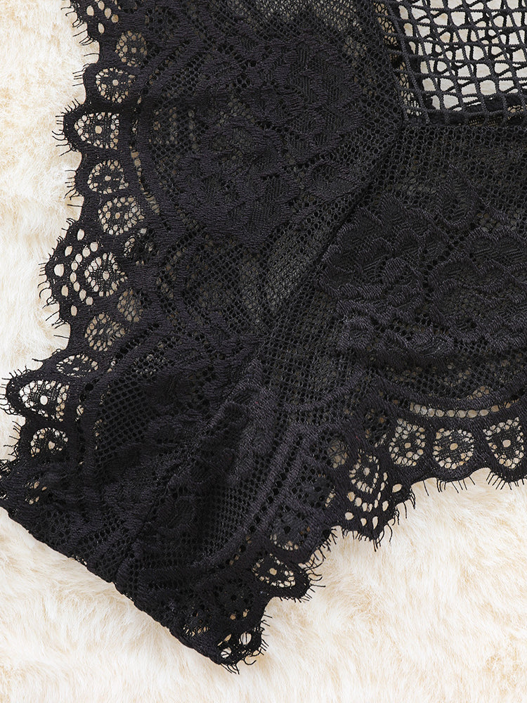 Halter Neck Lace Mesh Bodysuit, Sexy Sheer Floral Lingerie Teddy, Black See‑Through One‑Piece Lingerie for Women