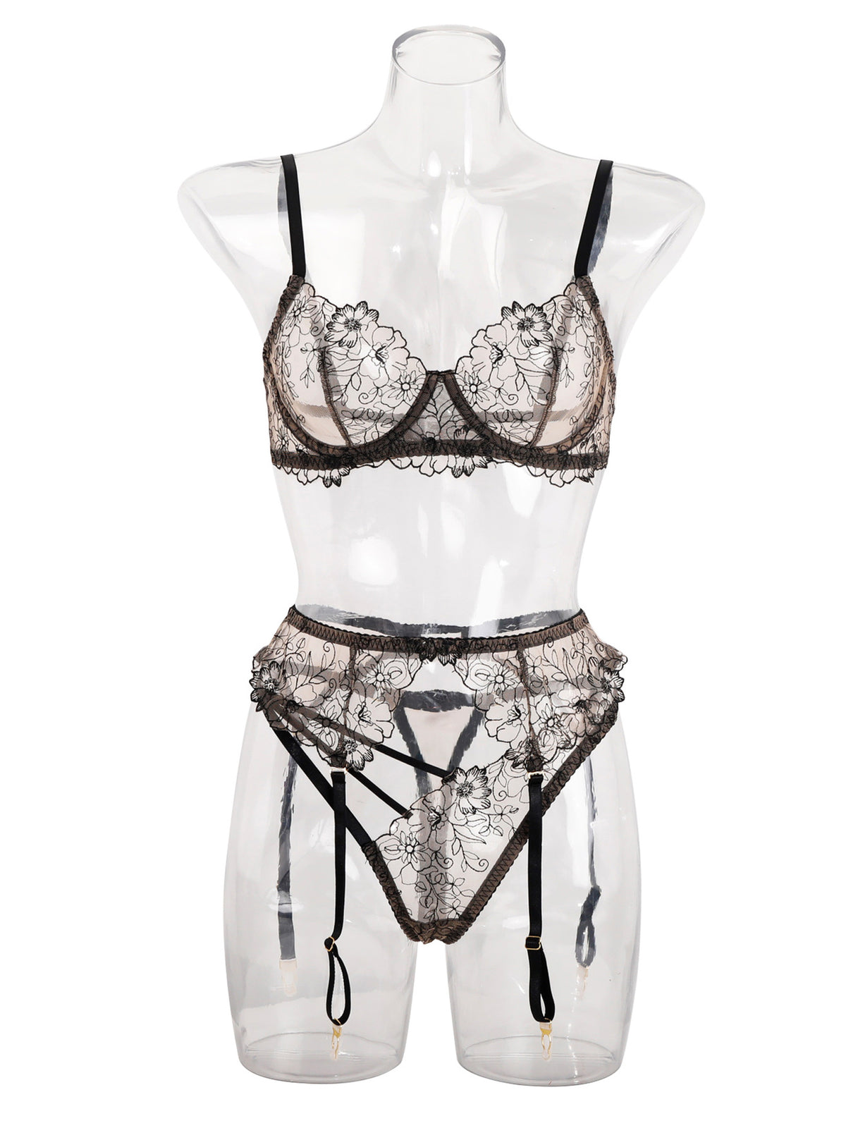 Floral Embroidery Lace 3‑Piece Lingerie Set, Underwire Bra Garter Belt Strappy Panty Lingerie Kit for Women