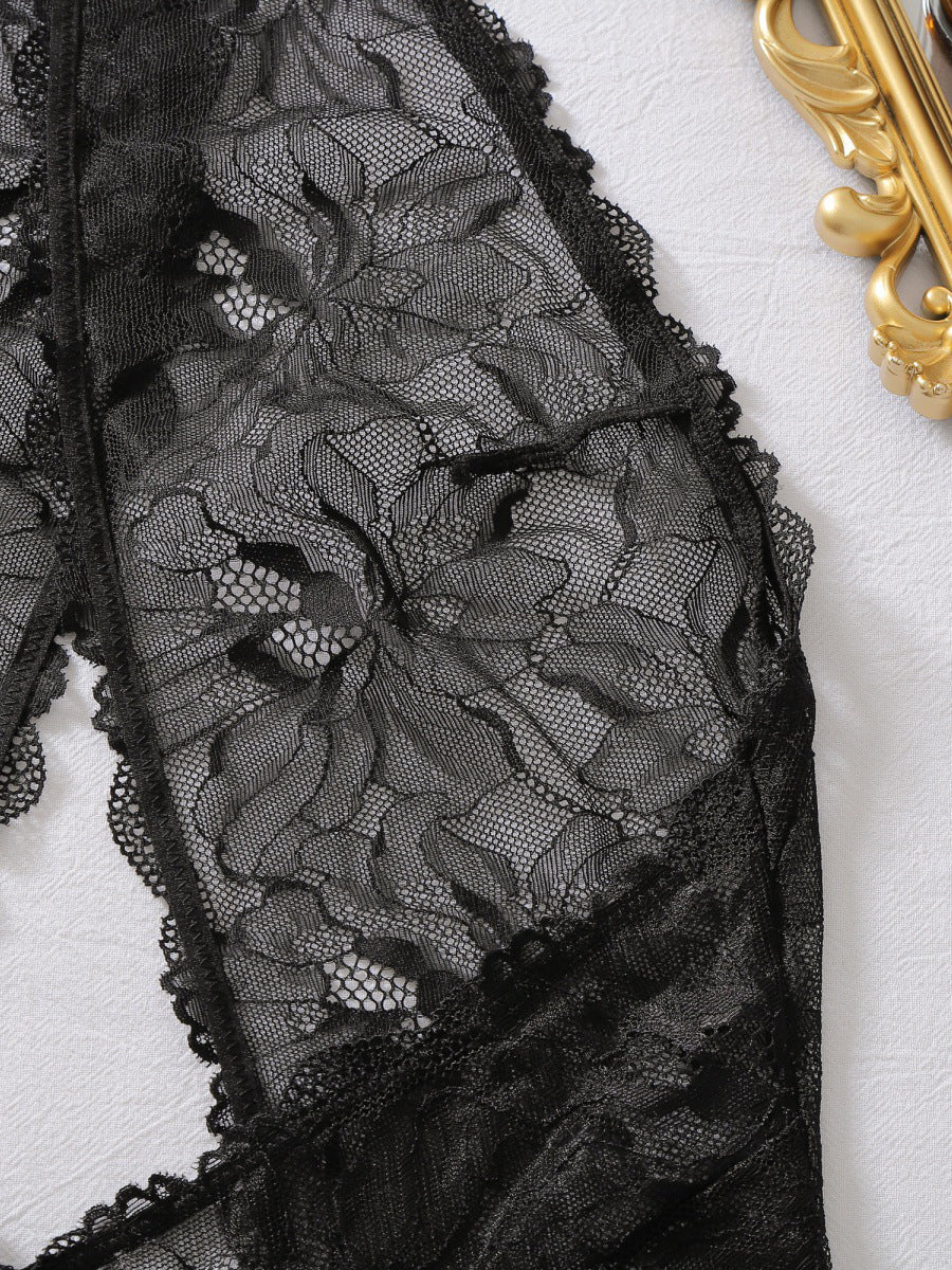 Halter Neck Sheer Floral Lace Teddy Lingerie, Deep Cut‑Out Backless One‑Piece Bodysuit With Adjustable Leg Garters for Women
