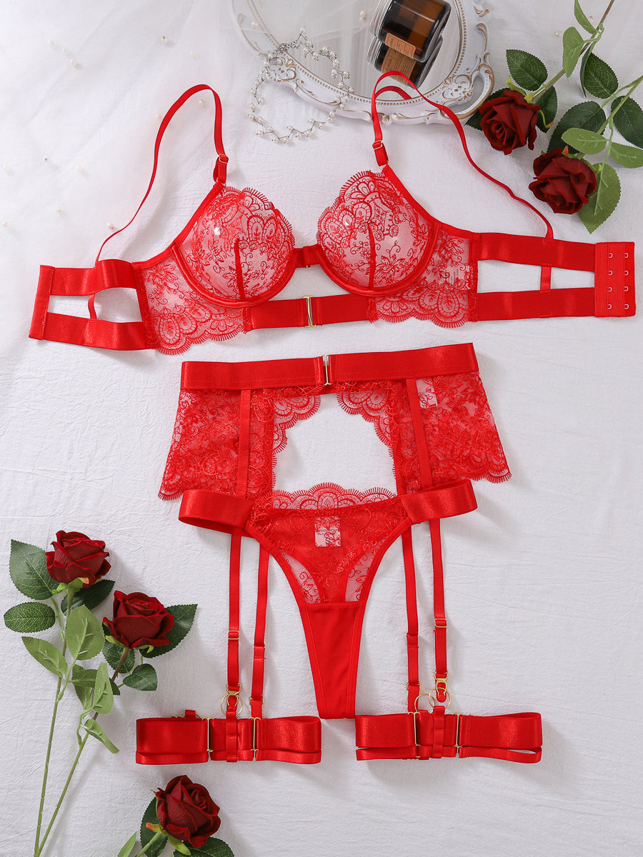 Eyelash Lace Lingerie Set, 5‑Piece Underwire Bra Garter Belt Panty Thigh Straps Lingerie Kit for Women