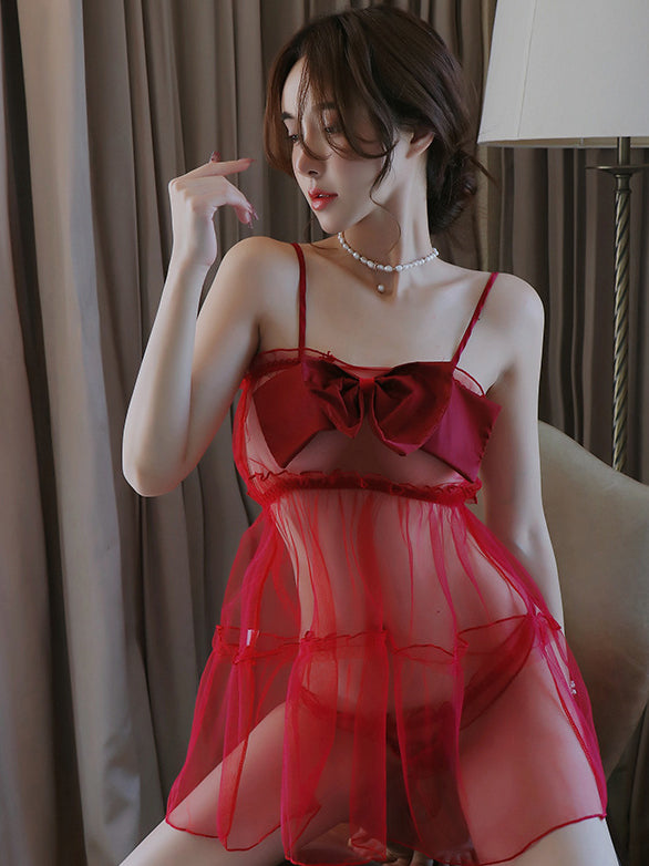 White Big Bow Sheer Tulle Babydoll Nightgown, Adjustable Spaghetti Straps Ruffled Mesh Lingerie Sleep Dress for Honeymoon