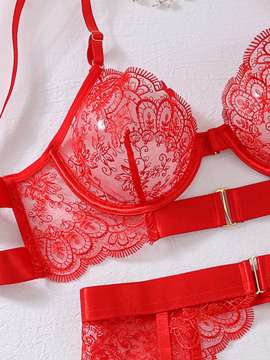 Eyelash Lace Lingerie Set, 5‑Piece Underwire Bra Garter Belt Panty Thigh Straps Lingerie Kit for Women