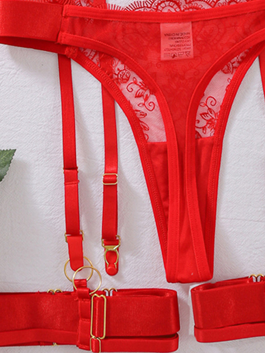 Eyelash Lace Lingerie Set, 5‑Piece Underwire Bra Garter Belt Panty Thigh Straps Lingerie Kit for Women