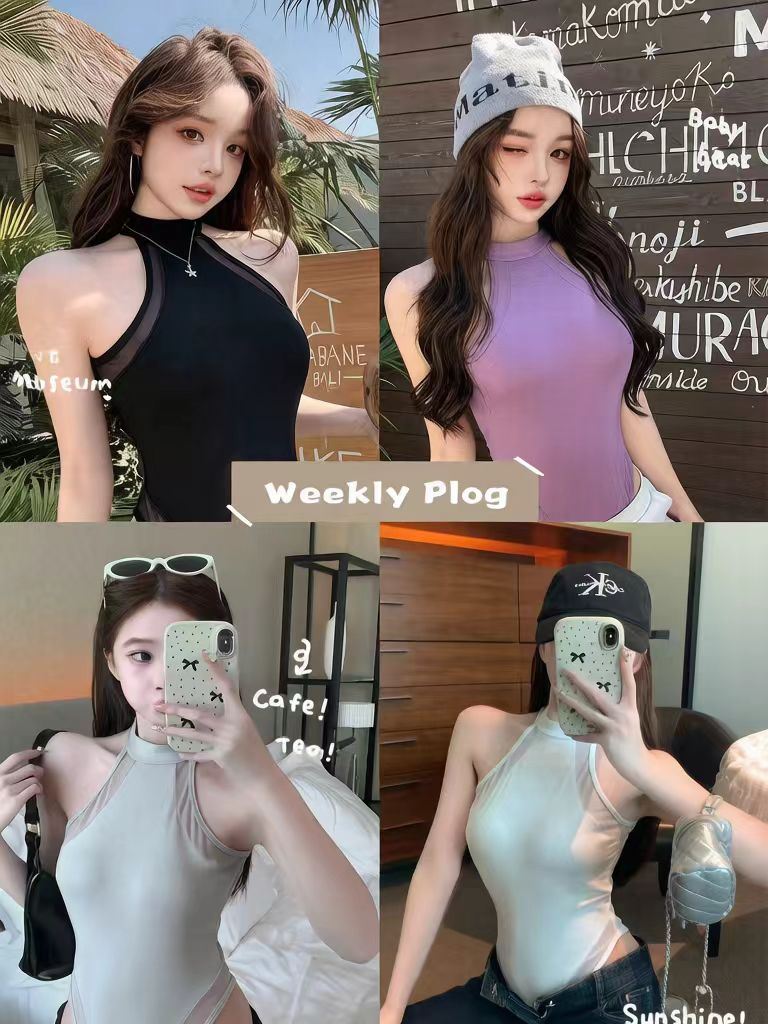 Halter Mesh Panel Bodysuit, High Neck Sleeveless Slim Fit Top