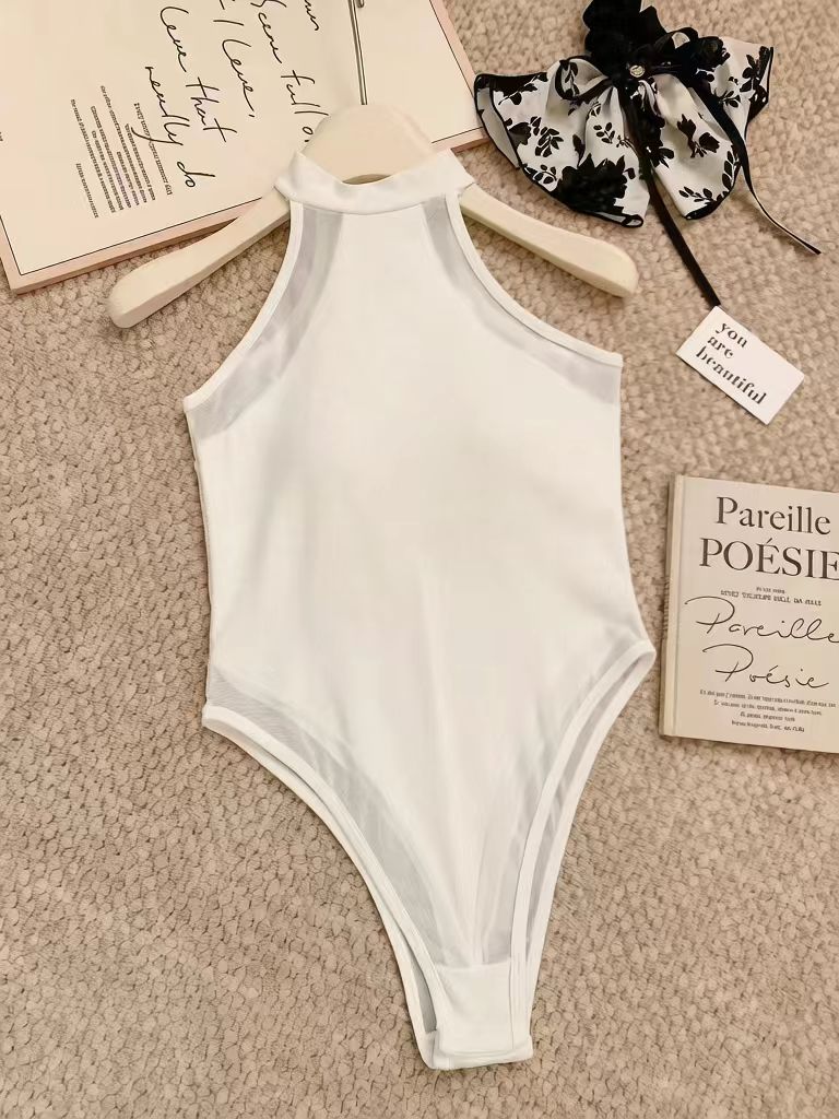 Halter Mesh Panel Bodysuit, High Neck Sleeveless Slim Fit Top