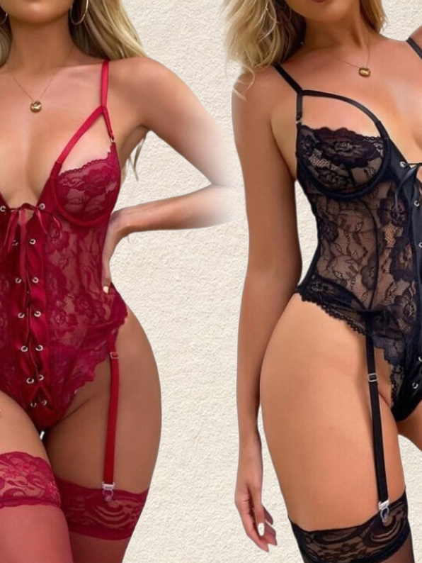 Lace Corset Lingerie Bodysuit With Garter Straps, Underwire Push‑Up Teddy Lingerie for Women