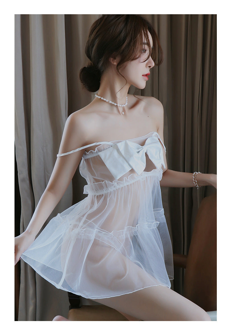White Big Bow Sheer Tulle Babydoll Nightgown, Adjustable Spaghetti Straps Ruffled Mesh Lingerie Sleep Dress for Honeymoon