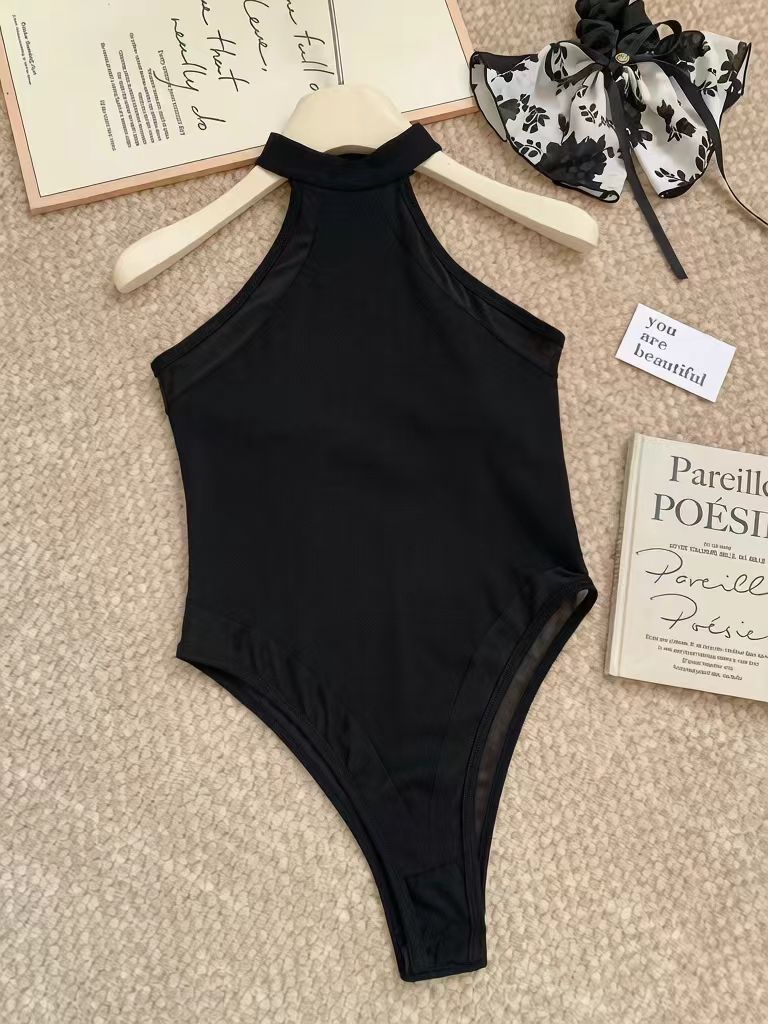 Halter Mesh Panel Bodysuit, High Neck Sleeveless Slim Fit Top
