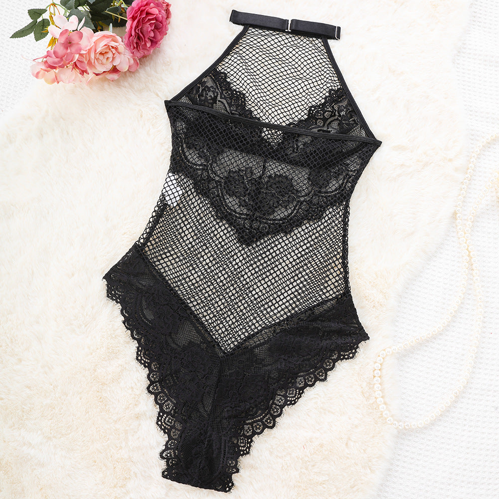 Women Sheer Fishnet Lace Halter Teddy Bodysuit Lingerie