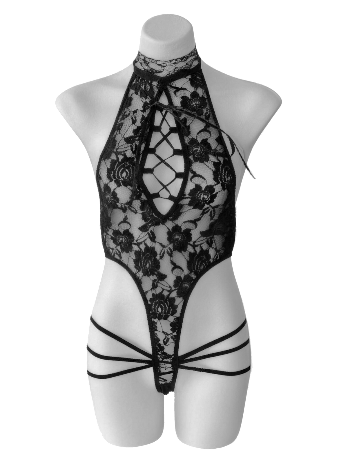 Halter Neck Lace Teddy Lingerie, Criss‑Cross Cutout Front One‑Piece Bodysuit, Strappy High‑cut Sheer Floral Lace Lingerie for Women