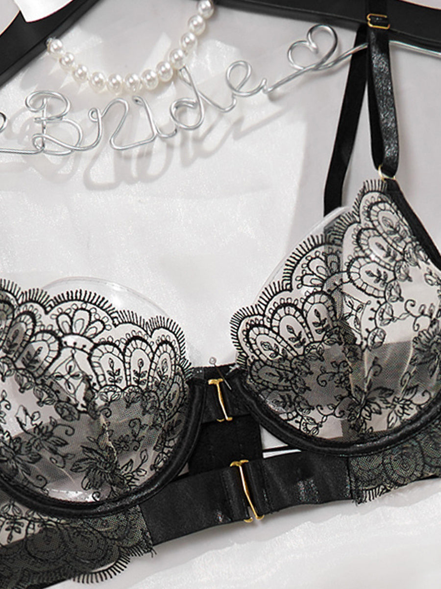Eyelash Lace Lingerie Set, 5‑Piece Underwire Bra Garter Belt Panty Thigh Straps Lingerie Kit for Women