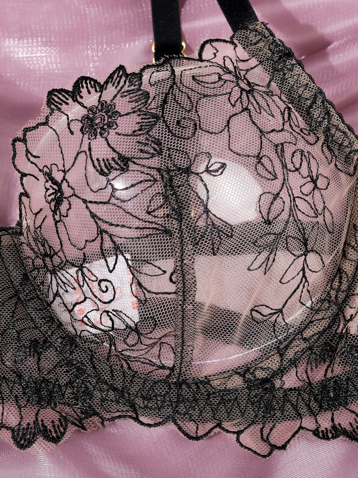 Floral Embroidery Lace 3‑Piece Lingerie Set, Underwire Bra Garter Belt Strappy Panty Lingerie Kit for Women