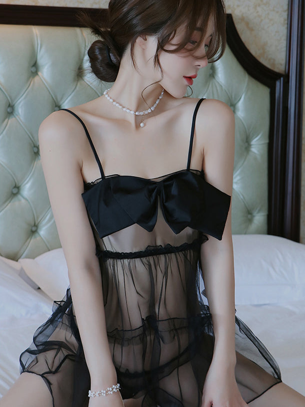 White Big Bow Sheer Tulle Babydoll Nightgown, Adjustable Spaghetti Straps Ruffled Mesh Lingerie Sleep Dress for Honeymoon