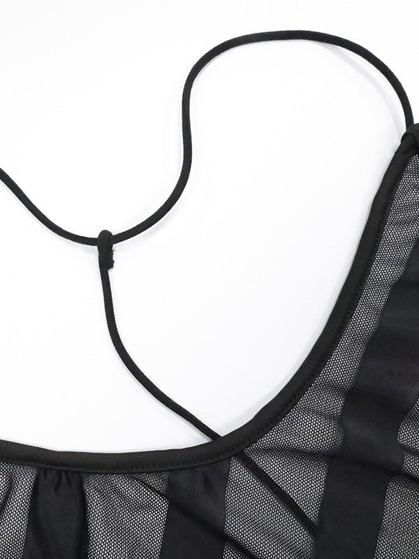 Women Diagonal Stripe Sheer Mesh Maxi Dress, Deep Open Back T‑Strap Backless Spaghetti Strap See‑Through Nightgown Cover‑Up