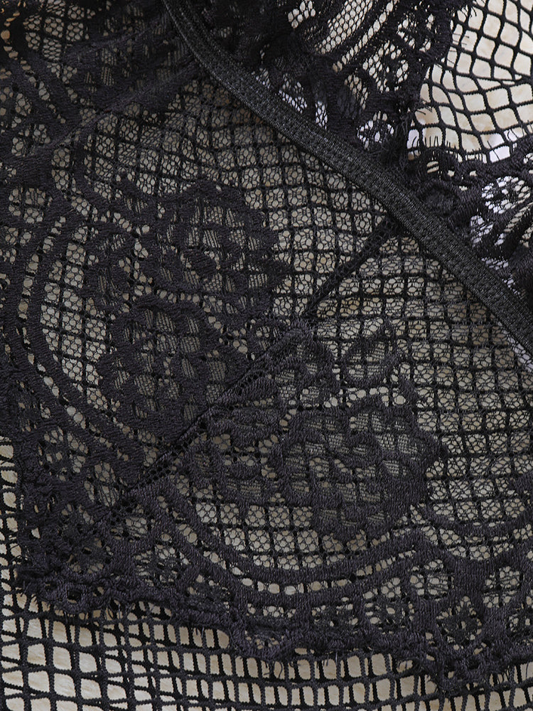 Halter Neck Lace Mesh Bodysuit, Sexy Sheer Floral Lingerie Teddy, Black See‑Through One‑Piece Lingerie for Women