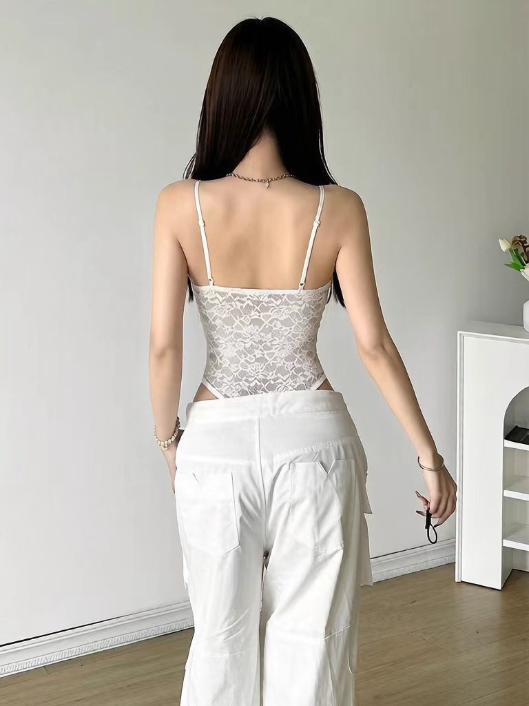Letter Print Lace Camisole Bodysuit