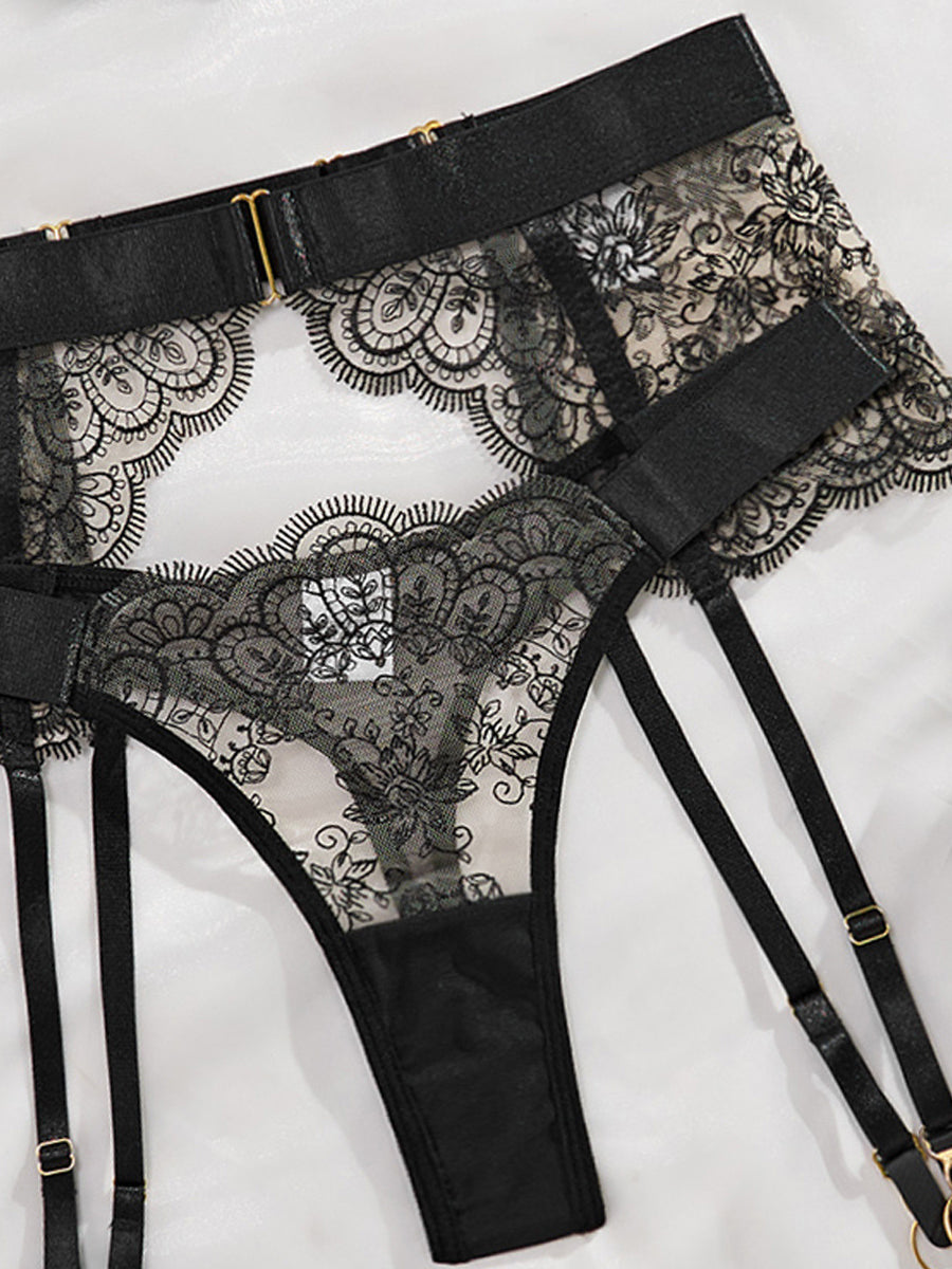 Eyelash Lace Lingerie Set, 5‑Piece Underwire Bra Garter Belt Panty Thigh Straps Lingerie Kit for Women