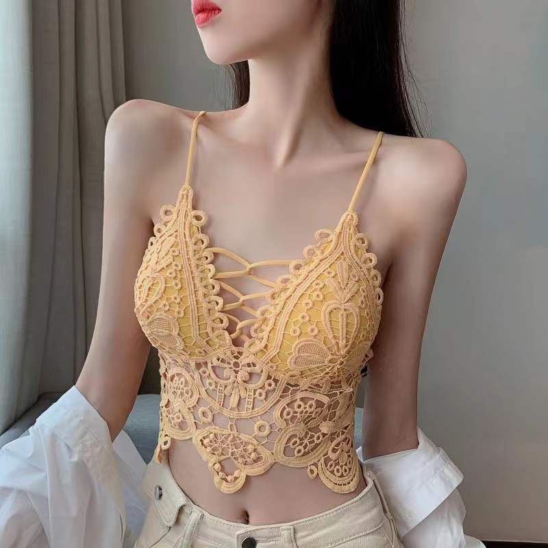 Vintage Floral Crochet Lace Tank Top, Scalloped Edge Deep V Layering Crop Cami