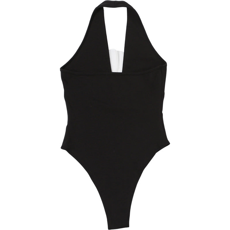 Black Halter Deep V Mesh Insert Bodysuit, Sleeveless Slim Fit Going Out Top