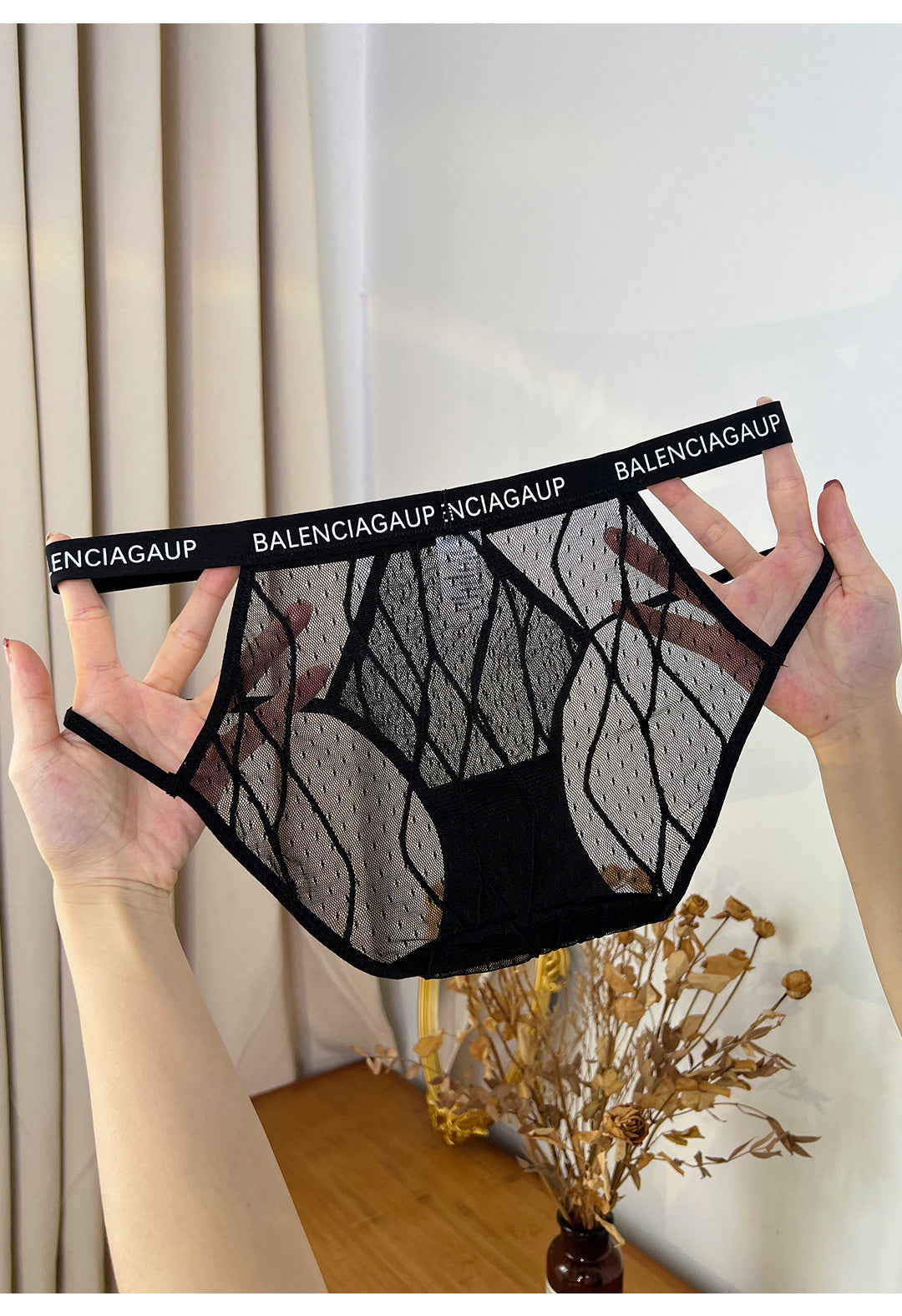 Nude Geometric Strap Mesh Cutout Panties, Low Rise Sheer Women Briefs