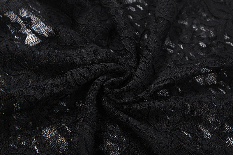 Black Long Sleeve Floral Lace Bodysuit, Sheer Mesh Round Neck Slim Fit Top
