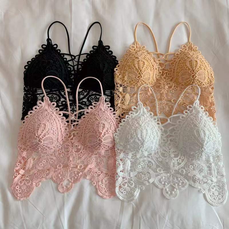 Vintage Floral Crochet Lace Tank Top, Scalloped Edge Deep V Layering Crop Cami