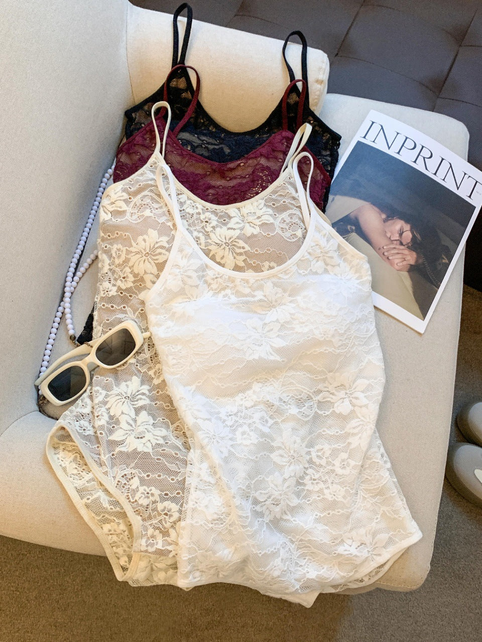 Floral Lace U-Neck Spaghetti Strap Bodysuit – Sheer Mesh Layering Top