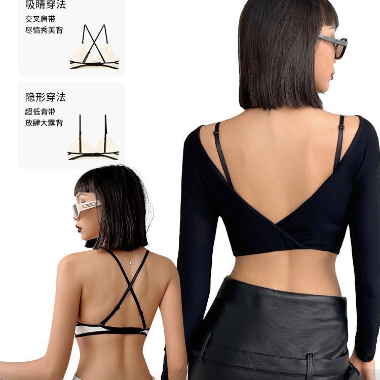 Minimalist Contrast Binding Triangle Bralette, Thin Strap Wireless Bra