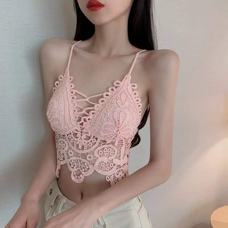 Vintage Floral Crochet Lace Tank Top, Scalloped Edge Deep V Layering Crop Cami