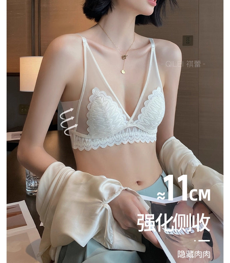French Leaf Lace Sheer Bralette, Deep V Wireless Thin Cup Women Bra