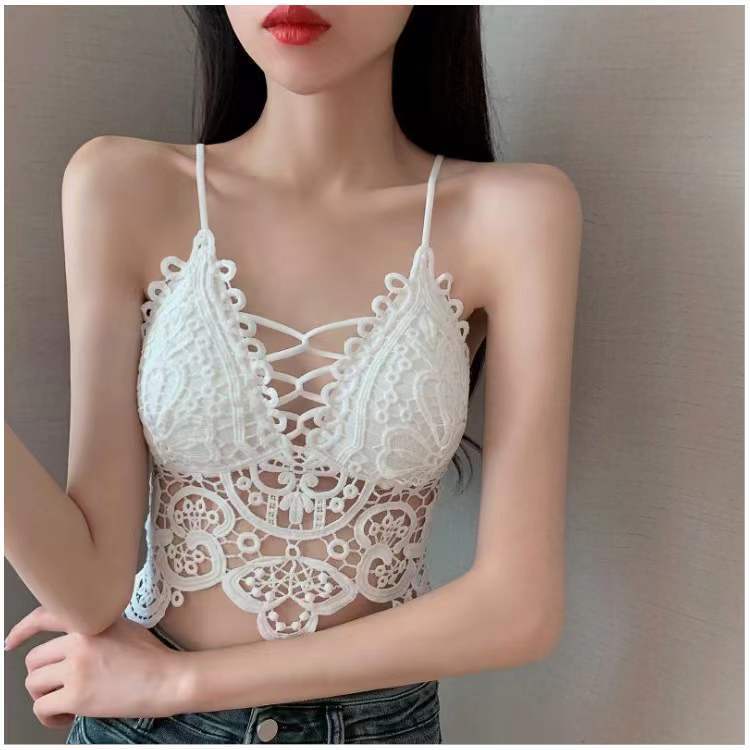 Vintage Floral Crochet Lace Tank Top, Scalloped Edge Deep V Layering Crop Cami