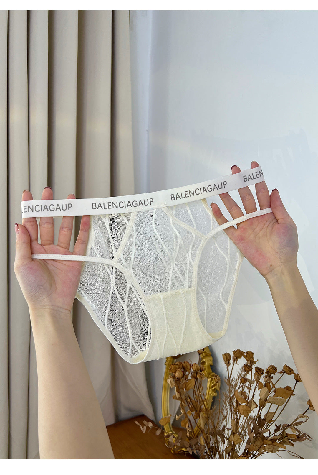 Nude Geometric Strap Mesh Cutout Panties, Low Rise Sheer Women Briefs