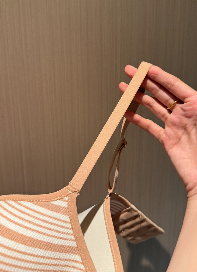 Retro Stripe Rib Knit Bralette, Logo Patch Soft Support Women Bra