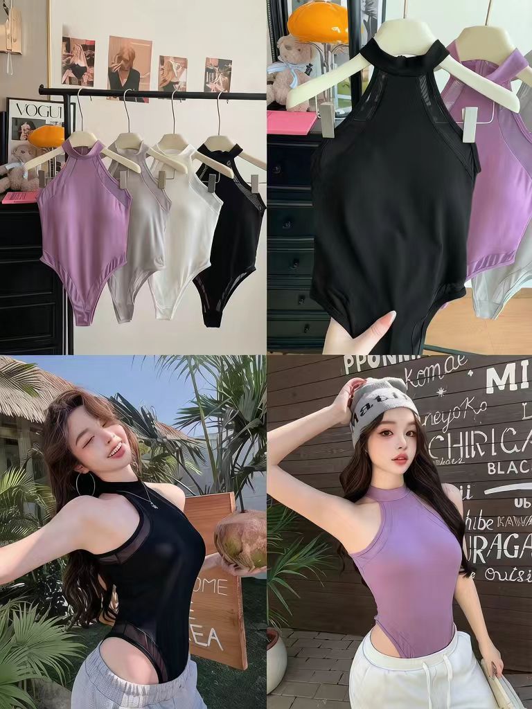 Halter Mesh Panel Bodysuit, High Neck Sleeveless Slim Fit Top