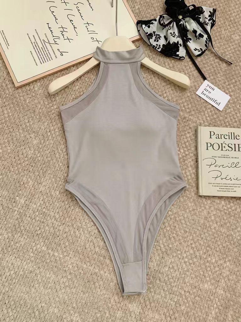 Halter Mesh Panel Bodysuit, High Neck Sleeveless Slim Fit Top