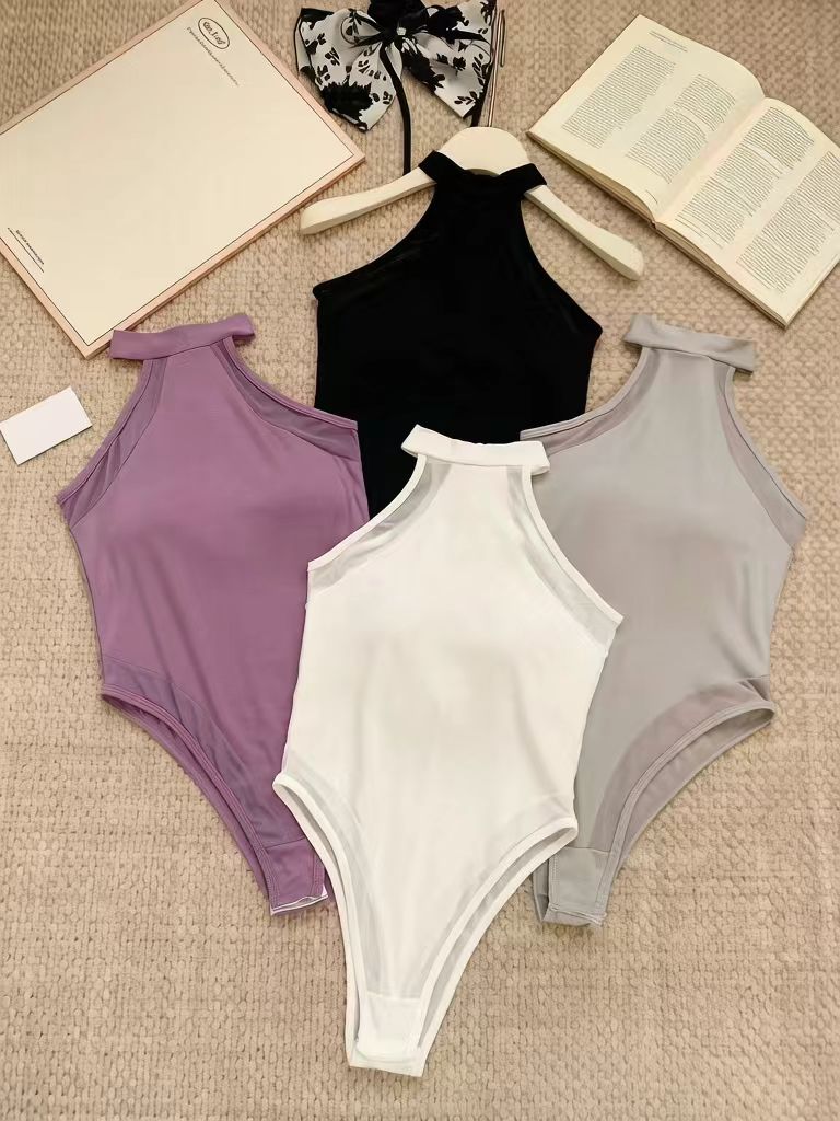 Halter Mesh Panel Bodysuit, High Neck Sleeveless Slim Fit Top