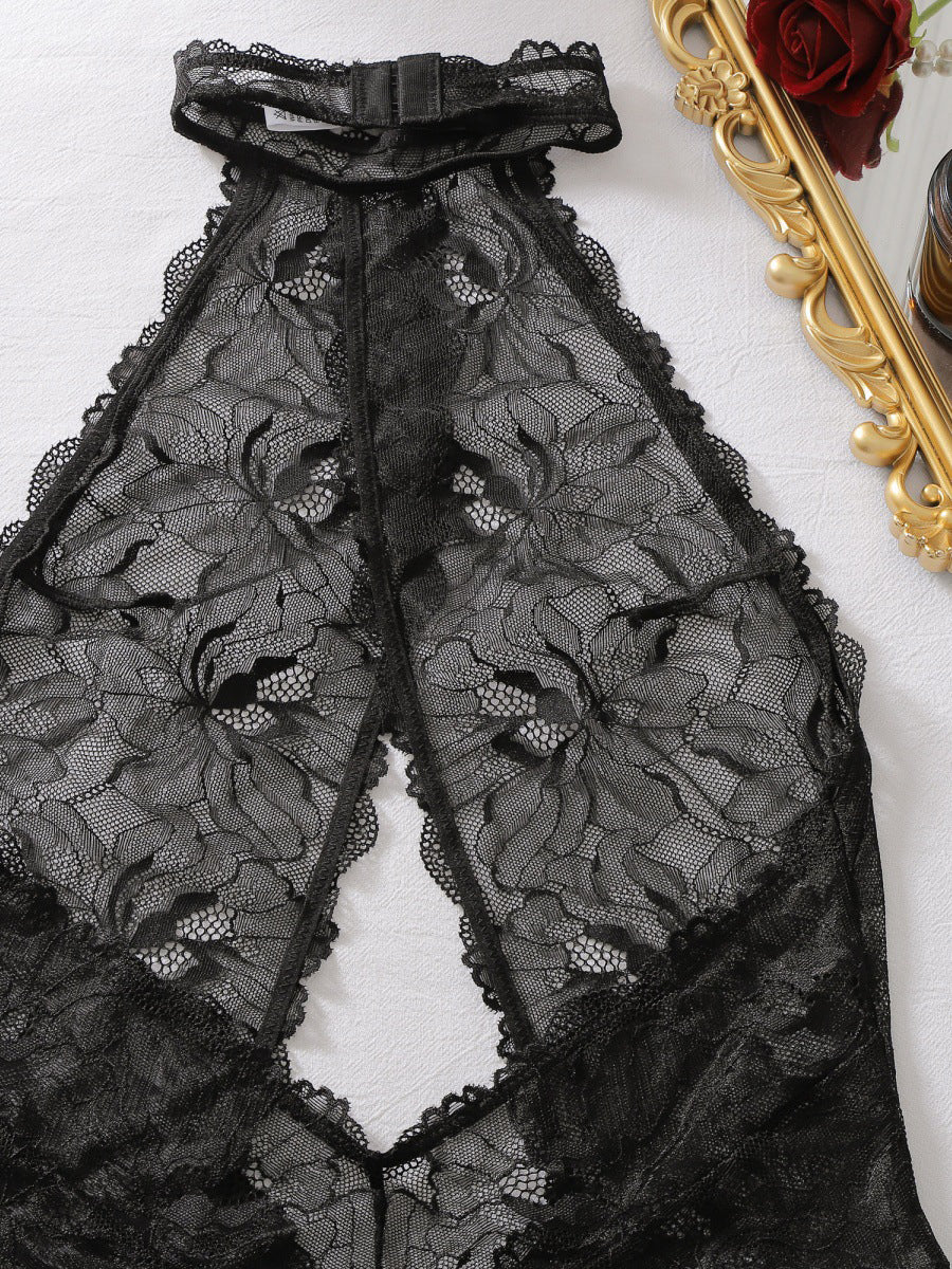 Halter Neck Sheer Floral Lace Teddy Lingerie, Deep Cut‑Out Backless One‑Piece Bodysuit With Adjustable Leg Garters for Women