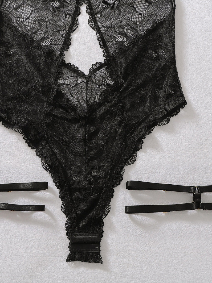 Halter Neck Sheer Floral Lace Teddy Lingerie, Deep Cut‑Out Backless One‑Piece Bodysuit With Adjustable Leg Garters for Women