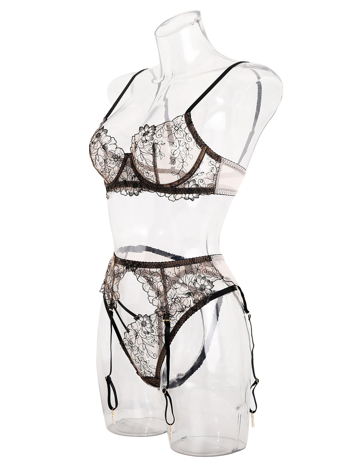 Floral Embroidery Lace 3‑Piece Lingerie Set, Underwire Bra Garter Belt Strappy Panty Lingerie Kit for Women