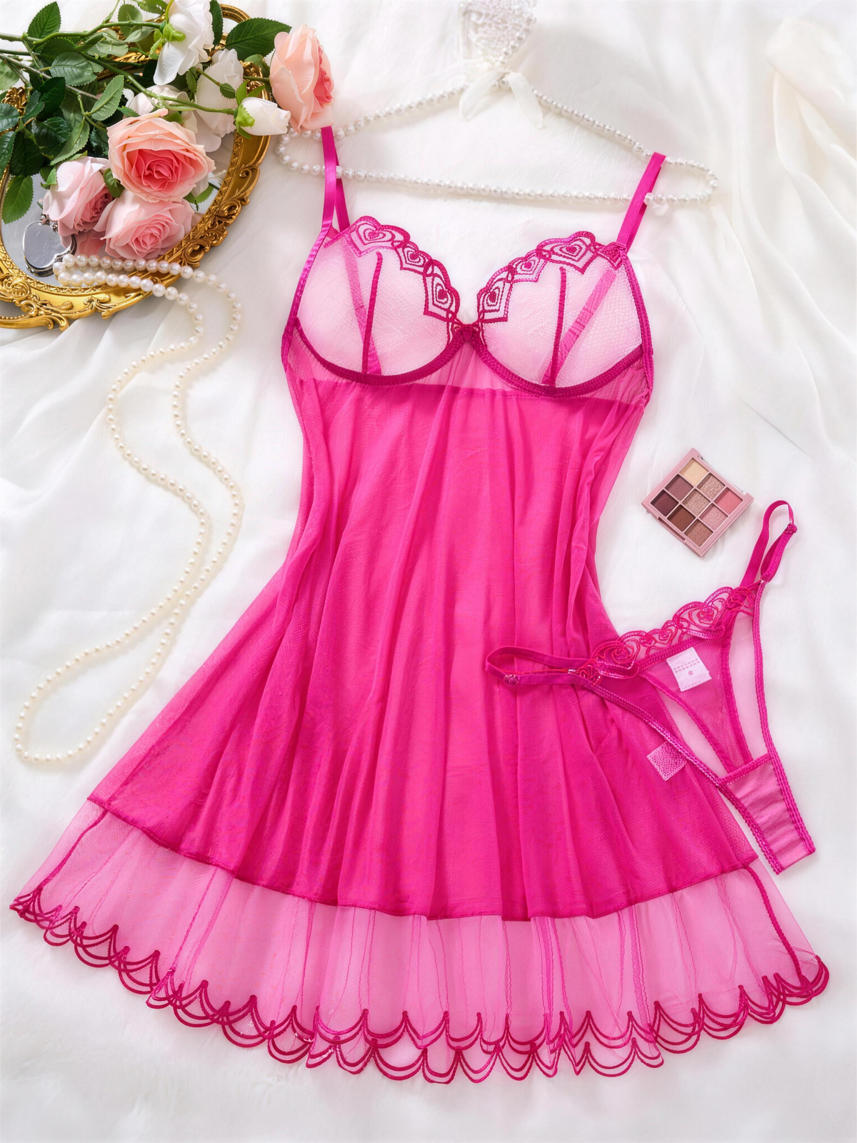 Women Sexy Lace Lingerie Set, Sheer Mesh Babydoll Nightgown With G‑String, Romantic Honeymoon Sleepwear Night Dress