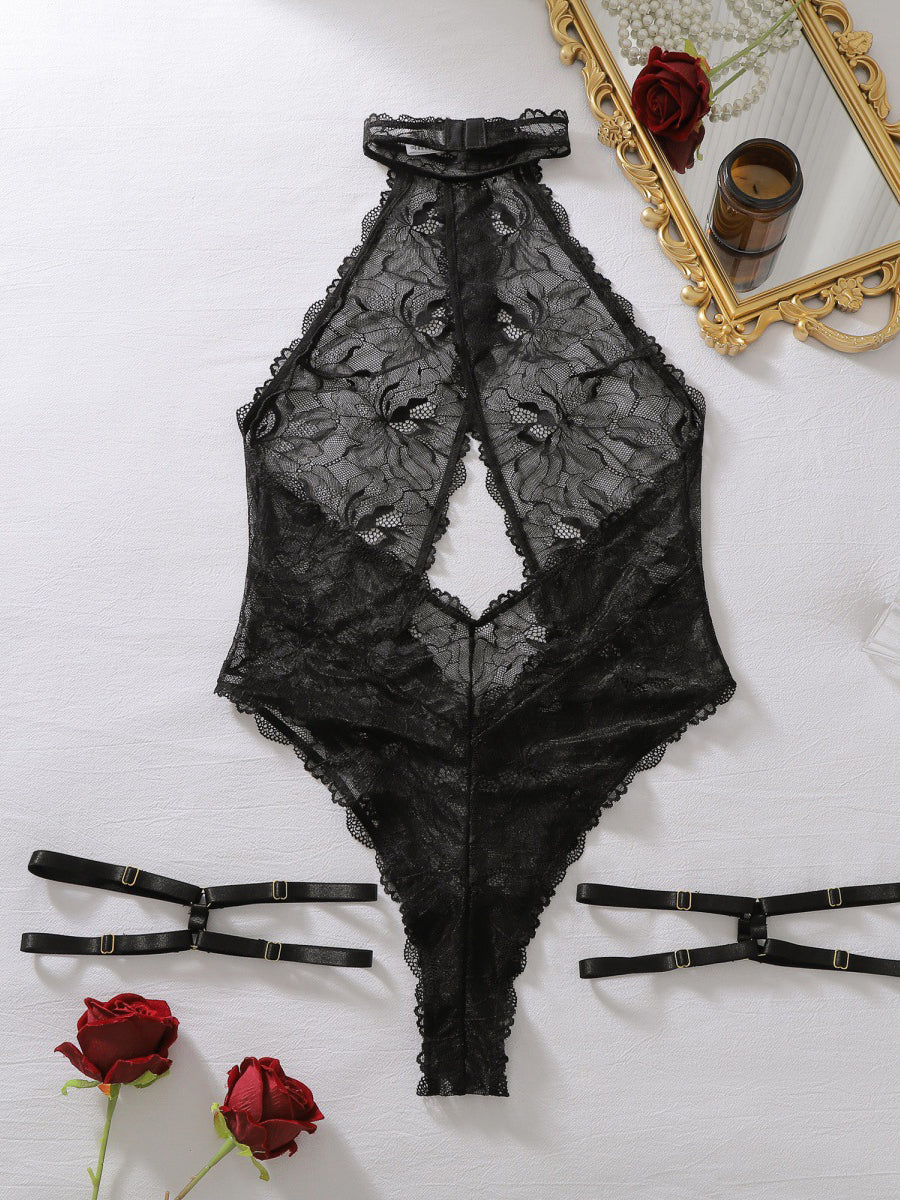 Halter Neck Sheer Floral Lace Teddy Lingerie, Deep Cut‑Out Backless One‑Piece Bodysuit With Adjustable Leg Garters for Women