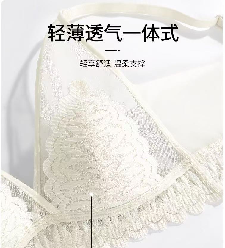 French Leaf Lace Sheer Bralette, Deep V Wireless Thin Cup Women Bra