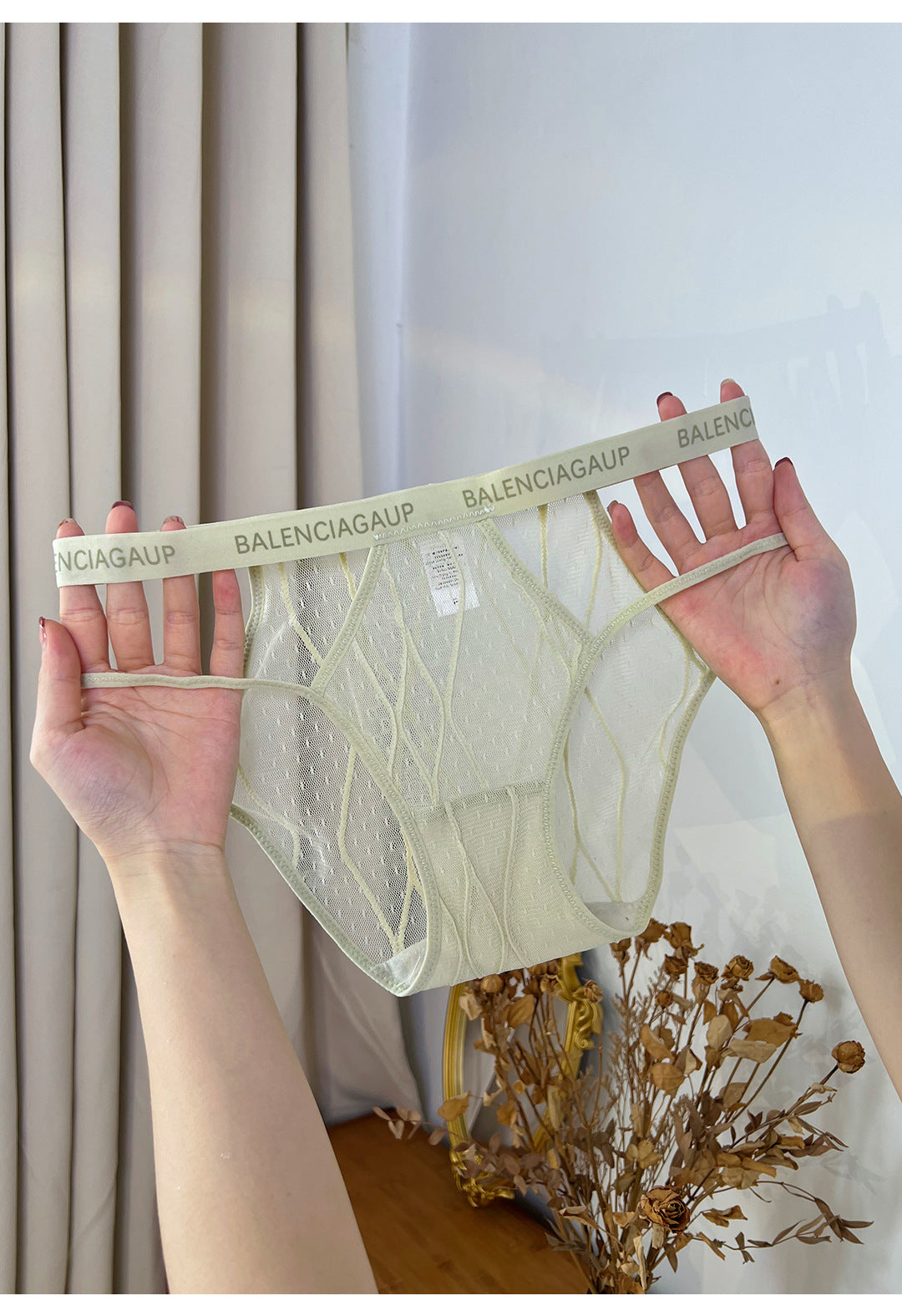 Nude Geometric Strap Mesh Cutout Panties, Low Rise Sheer Women Briefs