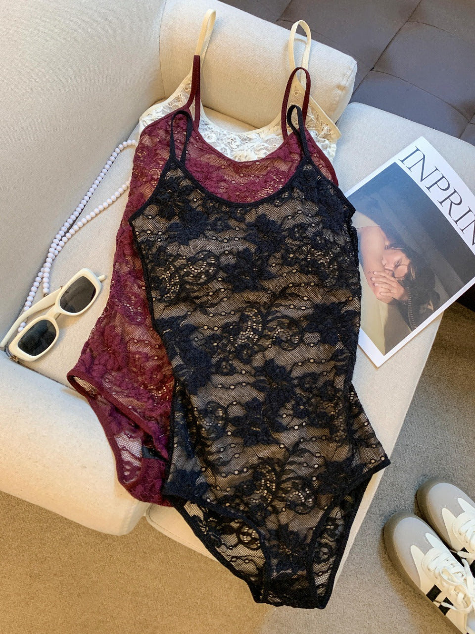 Floral Lace U-Neck Spaghetti Strap Bodysuit – Sheer Mesh Layering Top