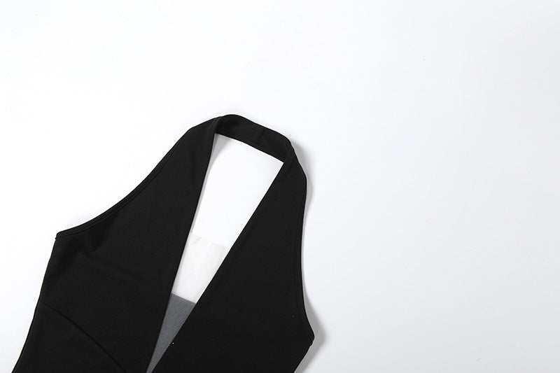 Black Halter Deep V Mesh Insert Bodysuit, Sleeveless Slim Fit Going Out Top