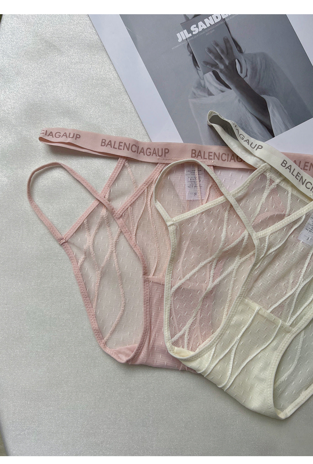 Nude Geometric Strap Mesh Cutout Panties, Low Rise Sheer Women Briefs