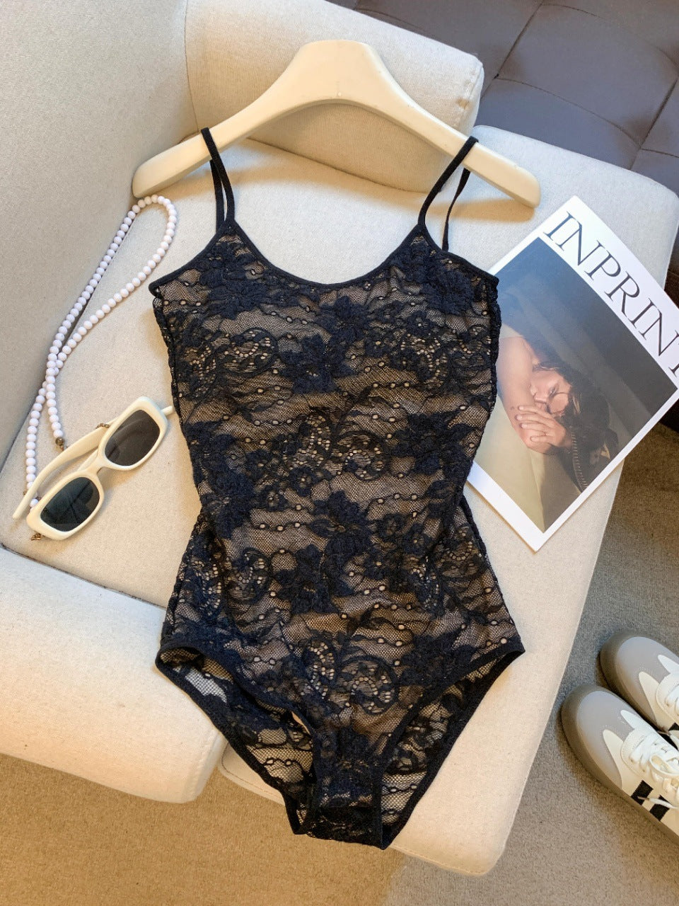 Floral Lace U-Neck Spaghetti Strap Bodysuit – Sheer Mesh Layering Top